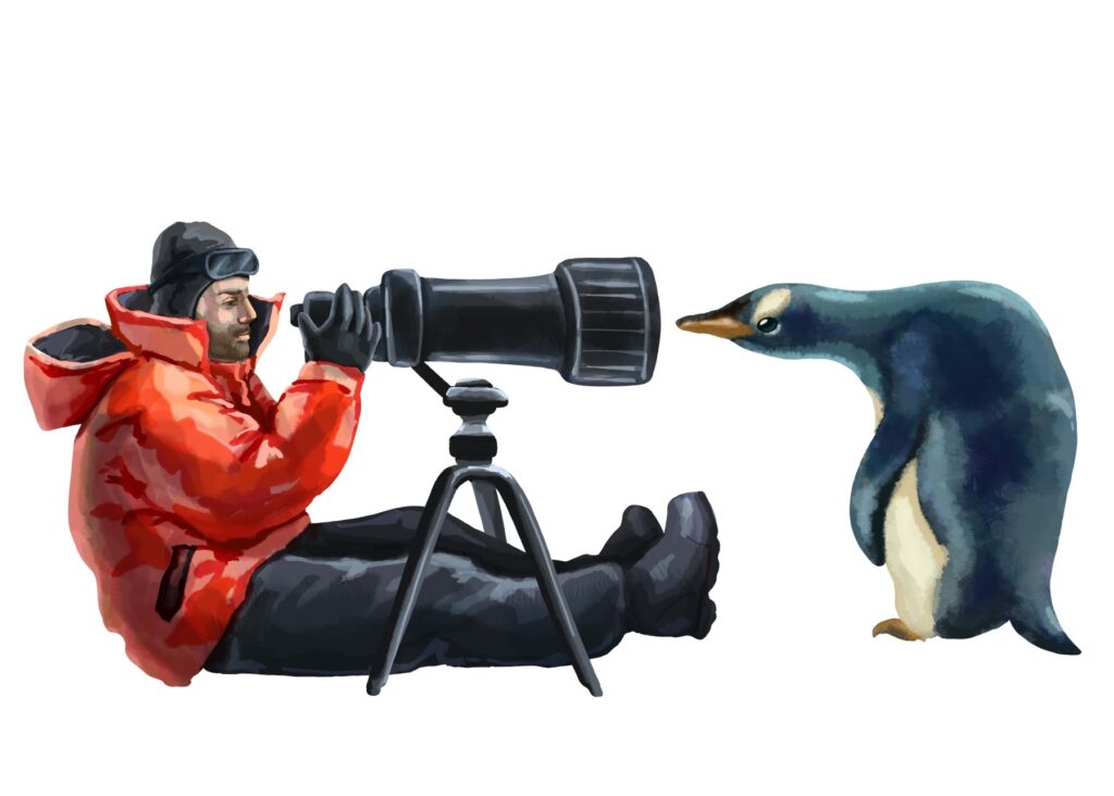 Ausrüstung für Antarktis-Kreuzfahrten mit Schnee und Eis im Hintergrund